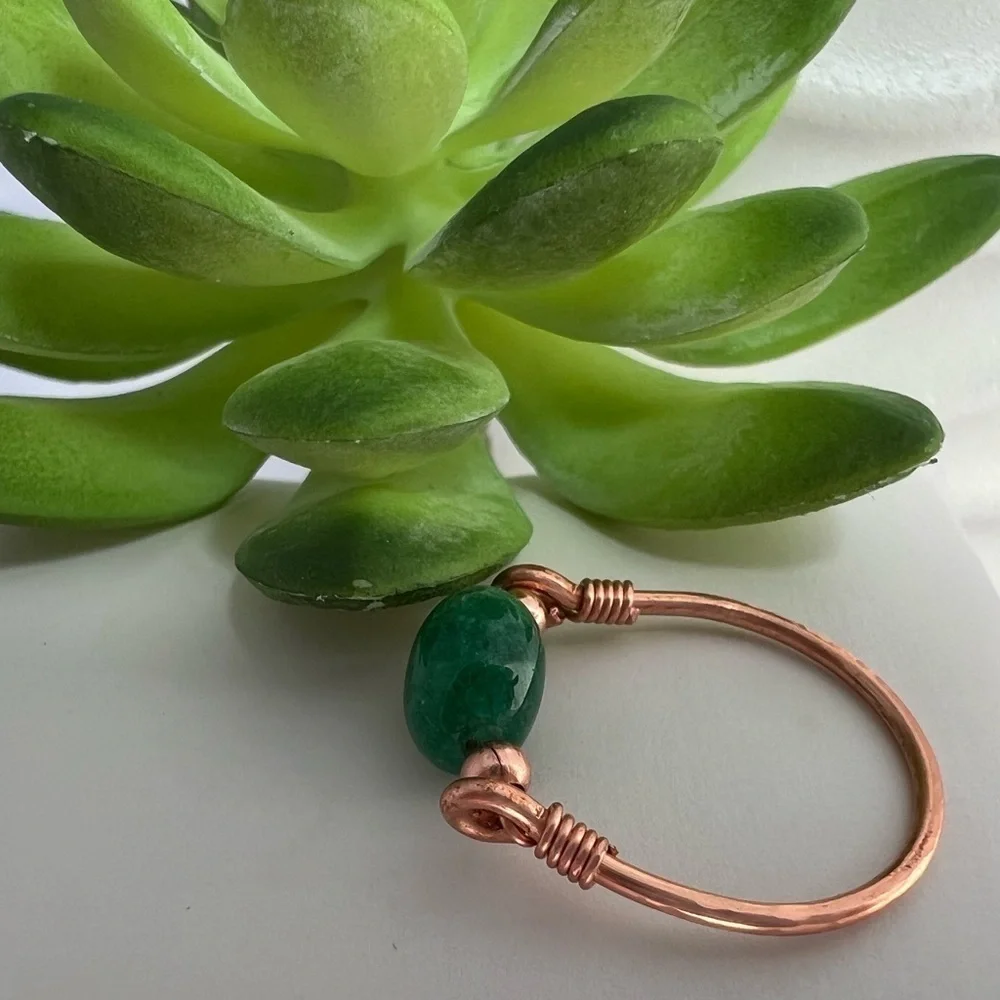 Green Chalcedony Wire Wrapped Copper Ring